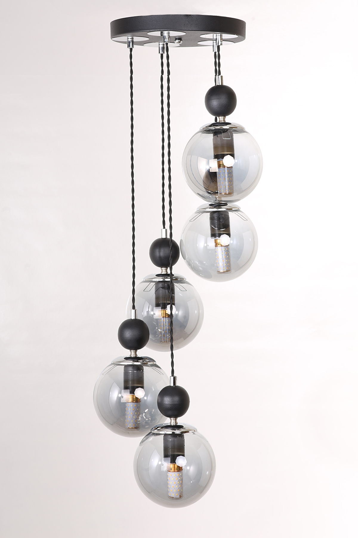 Marble 5-Piece Black Chrome Smoked Glass Pendant Chandelier
