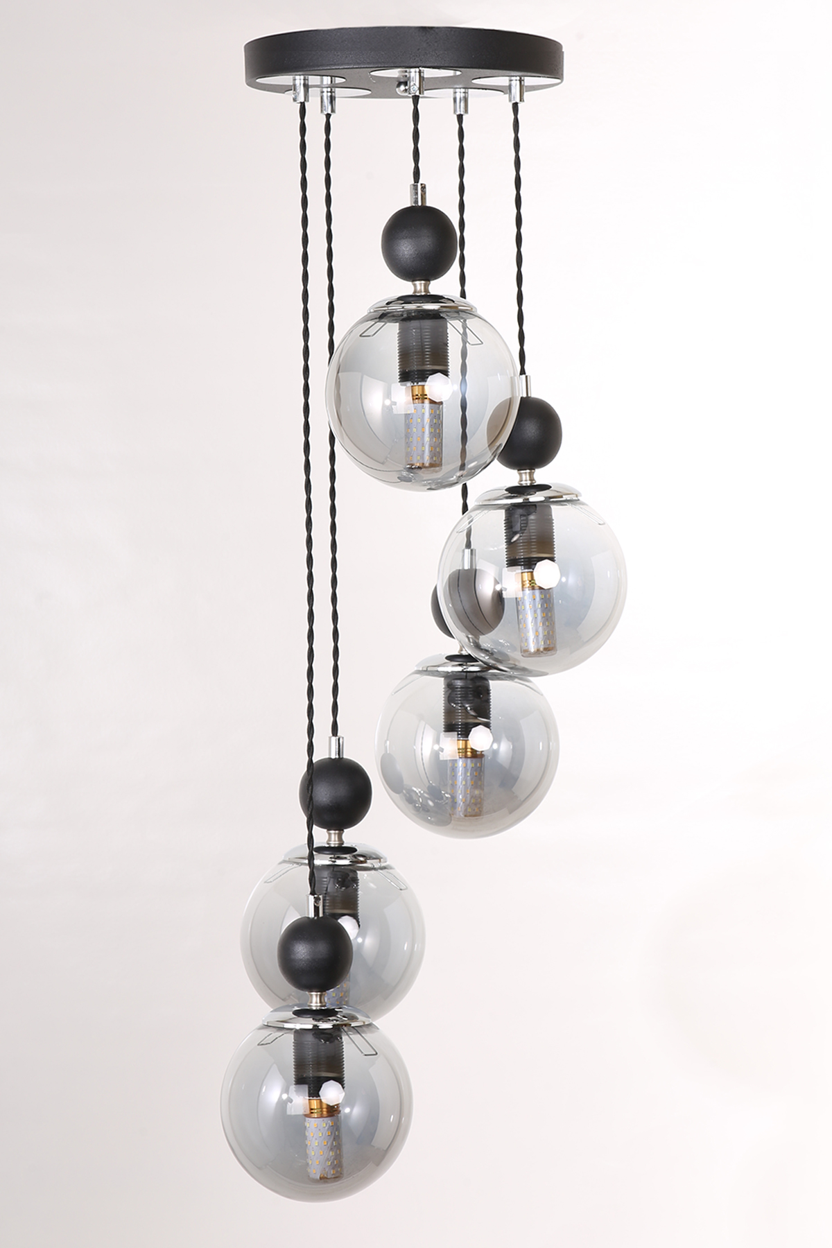 Marble 5-Piece Black Chrome Smoked Glass Pendant Chandelier