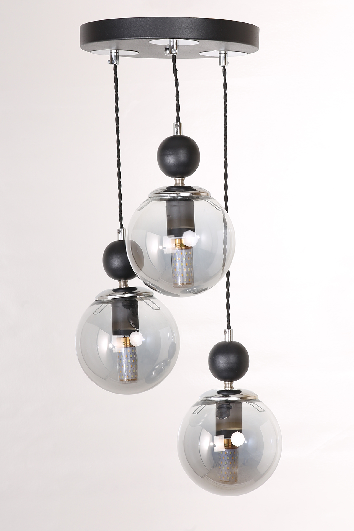 Marble 3-Piece Black Chrome Smoked Glass Pendant Chandelier