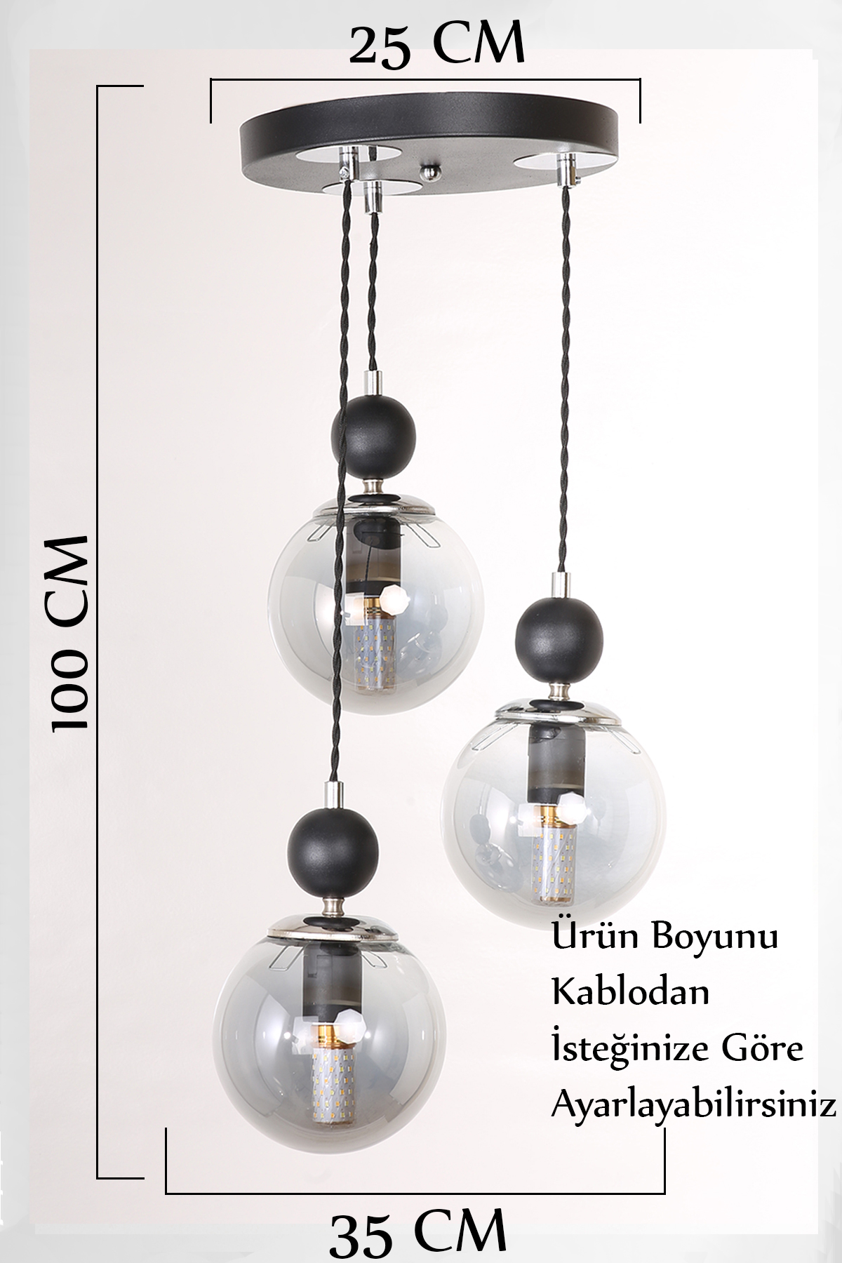 Marble 3-Piece Black Chrome Smoked Glass Pendant Chandelier