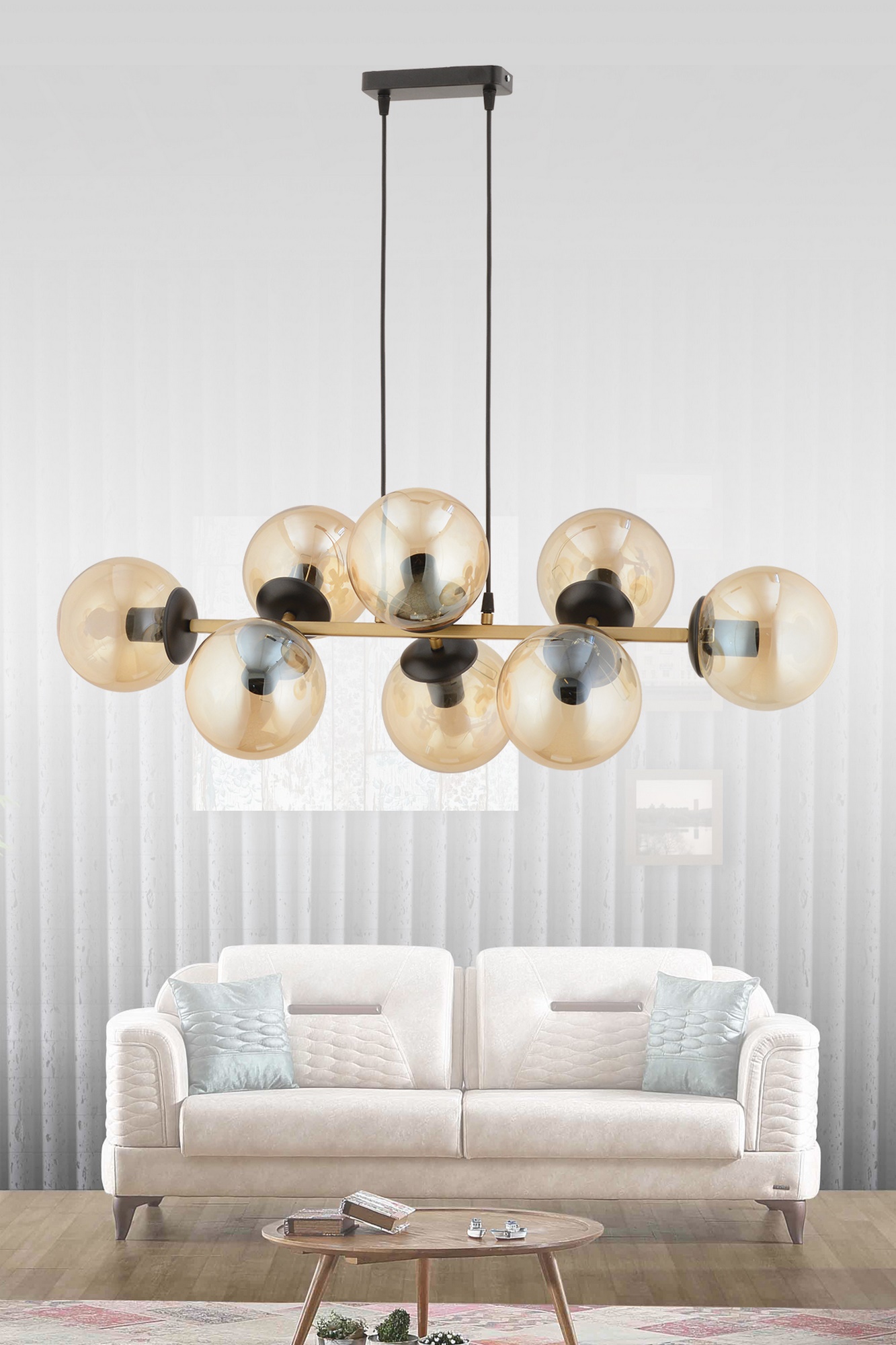 Cross 8-Piece Antique Honey Color Globe Glass Modern Pendant Lamp Chandelier Living Room